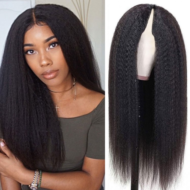 V U Part Wig Human Hair No Leave Out Kinky Straight Human Hair Wigs For Women 180% No Glue V Part Yaki Straight Human Hair Wig