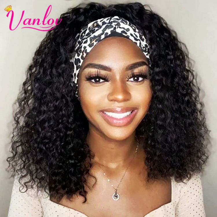 Vanlov Brazilian Curly Headband Wigs Water Wave Human Hair Wigs Glueless Full Machine Made Wigs Remy Hair Wig For Black Women