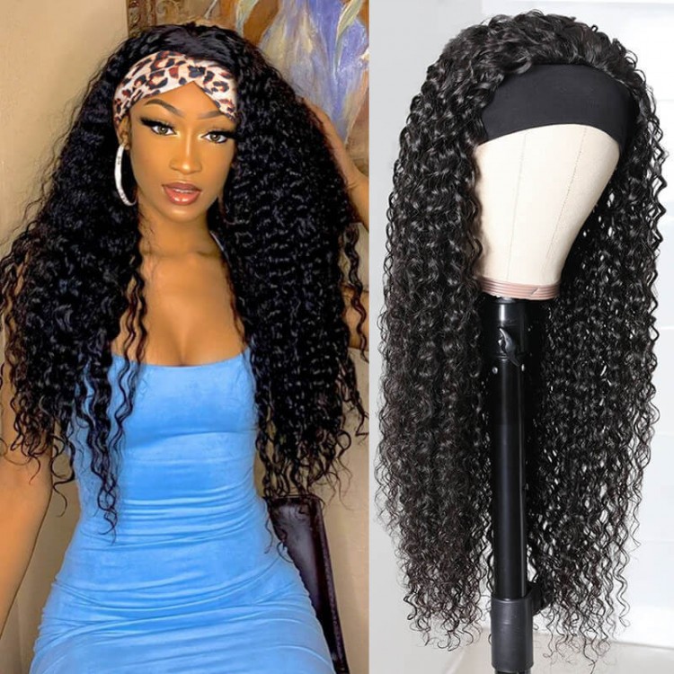 100% Headband Wigs Human Hair Wig Grip Headband Scarf Brazilian Curly Wave Glueless Remy Hair With Headband wig For Black Women