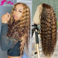 28 30 inch Highlight Curly Human Hair Wig Honey Blonde Ombre Brazilian Brown Deep Water Wave HD Transparent 13x4 Lace Front Wigs