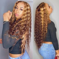 28 30 inch Highlight Curly Human Hair Wig Honey Blonde Ombre Brazilian Brown Deep Water Wave HD Transparent 13x4 Lace Front Wigs
