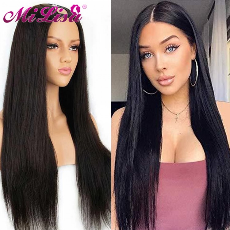 U Part Wig Human Hair Straight Long Smooth Wig Brazilian Remy Hair Glueless 100% Real Human Hair Wigs For Women Human Hair Wigs
