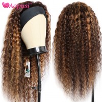 Aopusi Wigs Water Curly Headband Wigs Ombre Headband Wigs Human Hair Wigs Peruvian Highlight Wigs Remy Hair 28 Inch 180% Hair