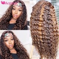 Aopusi Wigs Water Curly Headband Wigs Ombre Headband Wigs Human Hair Wigs Peruvian Highlight Wigs Remy Hair 28 Inch 180% Hair