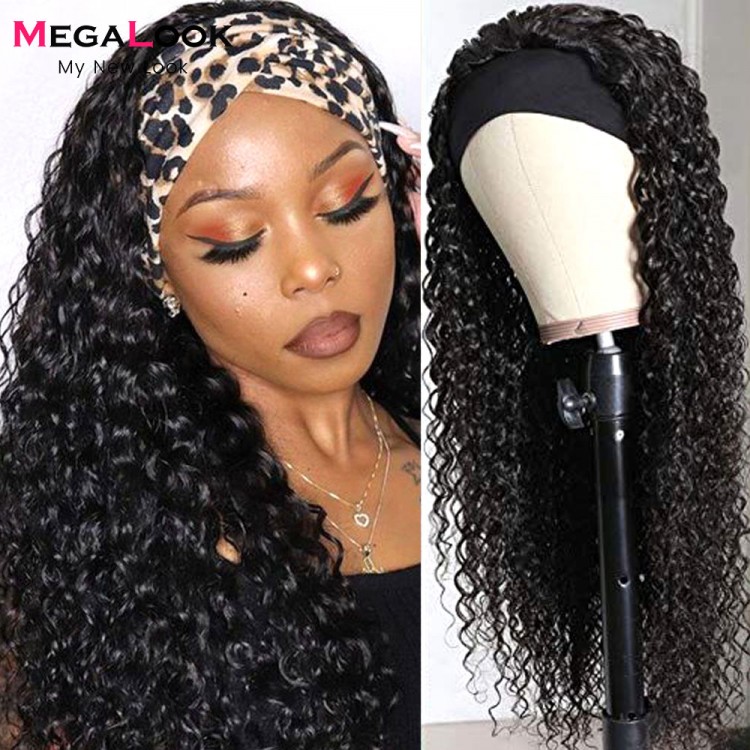 MEGALOOK Water Wave Headband Wig Human Hair Wigs For Black Women Malaysian Scarf Wig Glueless Curly Human Hair Wig Headband Wig