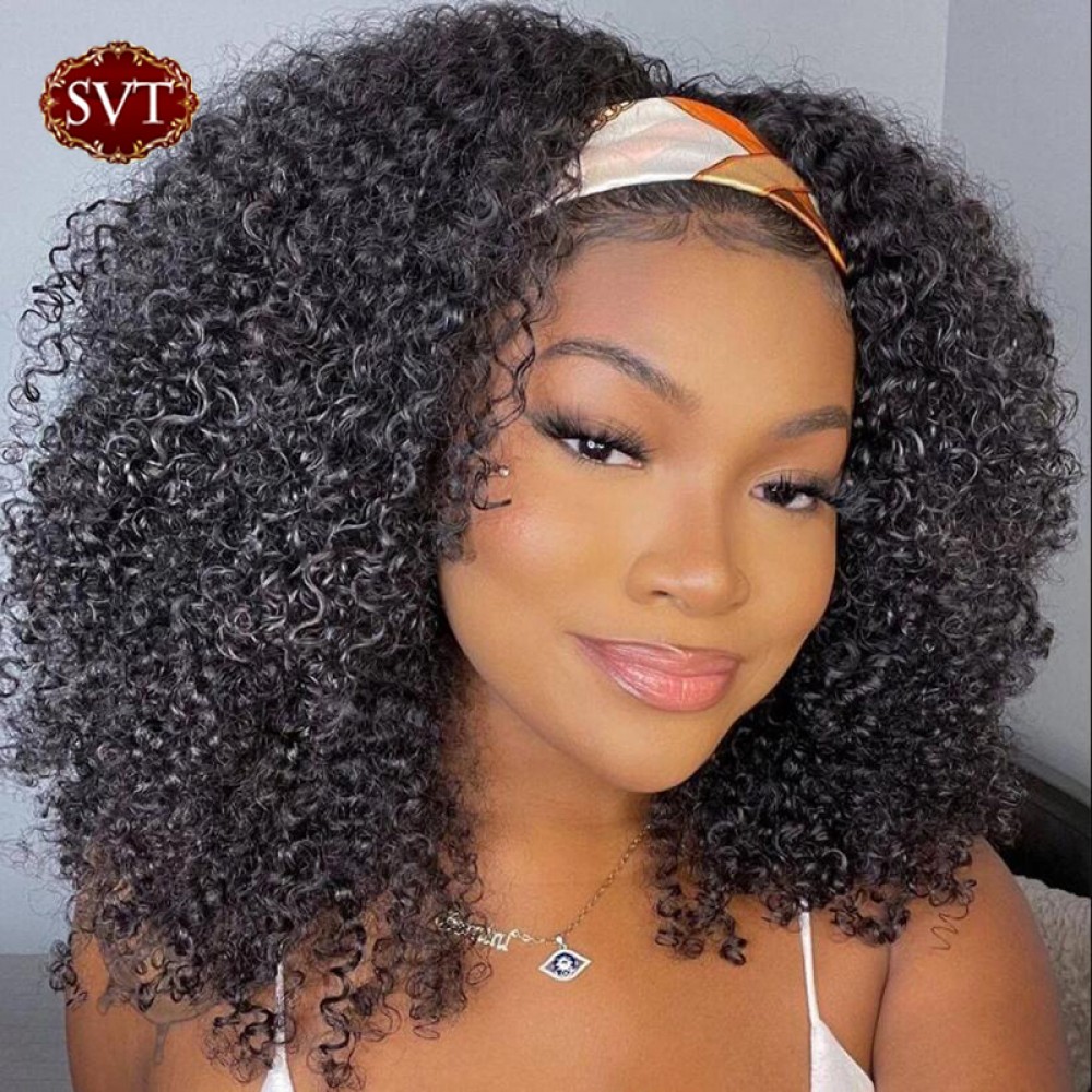 Curly Headband Wig Human Hair Wigs Kinky Curly Human Hair Wigs For Black Women Glueless Full Manchine Scarf Wigs Natural Color