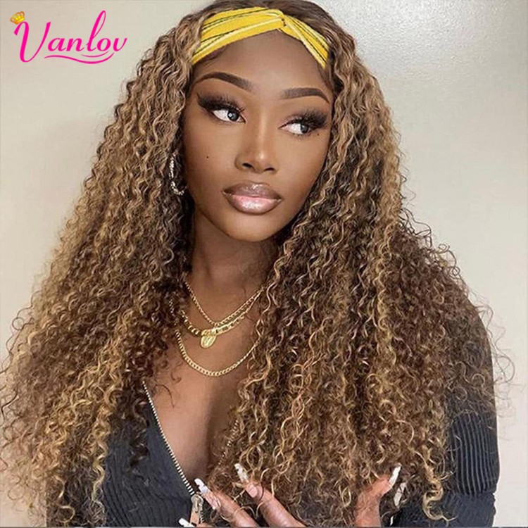 Vanlov Ombre Headband Wigs Human Hair Water Curly Headband Human Hair Wigs for Women Brazilian Highlight Wigs Honey Blonde Wig