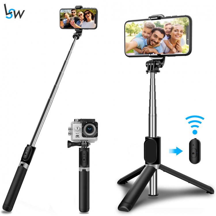 Selfie-Stick Tripod Stand with Wireless Bluetooth Remote adjustable 100cm Lightweight Portable for Phone and GoPro