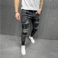  Streetwear Fashion Pants Elastano Skinny Slim Jeans patch pockets ripped jeans for men street broken black denim Trousers