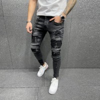  Streetwear Fashion Pants Elastano Skinny Slim Jeans patch pockets ripped jeans for men street broken black denim Trousers