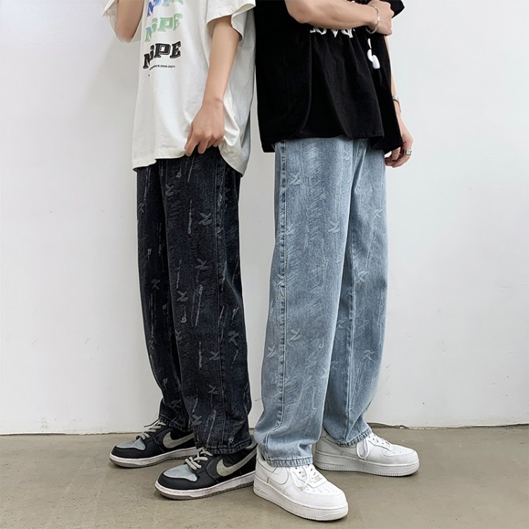 Jeans Men Design Print Mid Waist Oversize Baggy Jean Streetwear Zipper Fly Straight Denim Trousers  Retro Teens