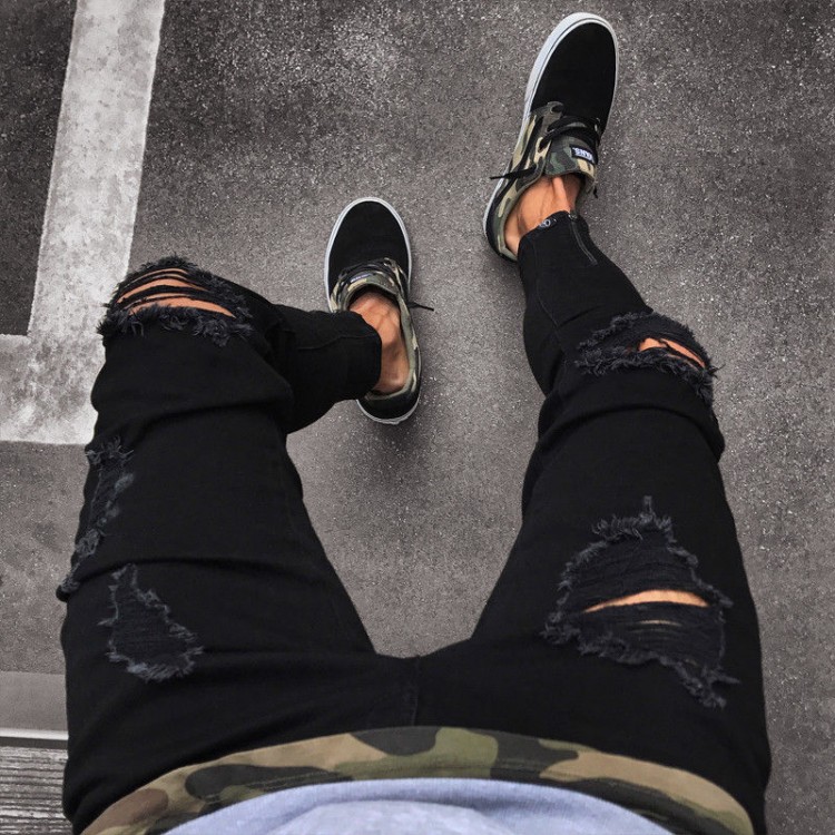 Fashion  Cool Designer Black Ripped Skinny Jeans Destroyed Frayed Slim Fit Denim Pant Zipper Hop Hop Pants Holes For Men