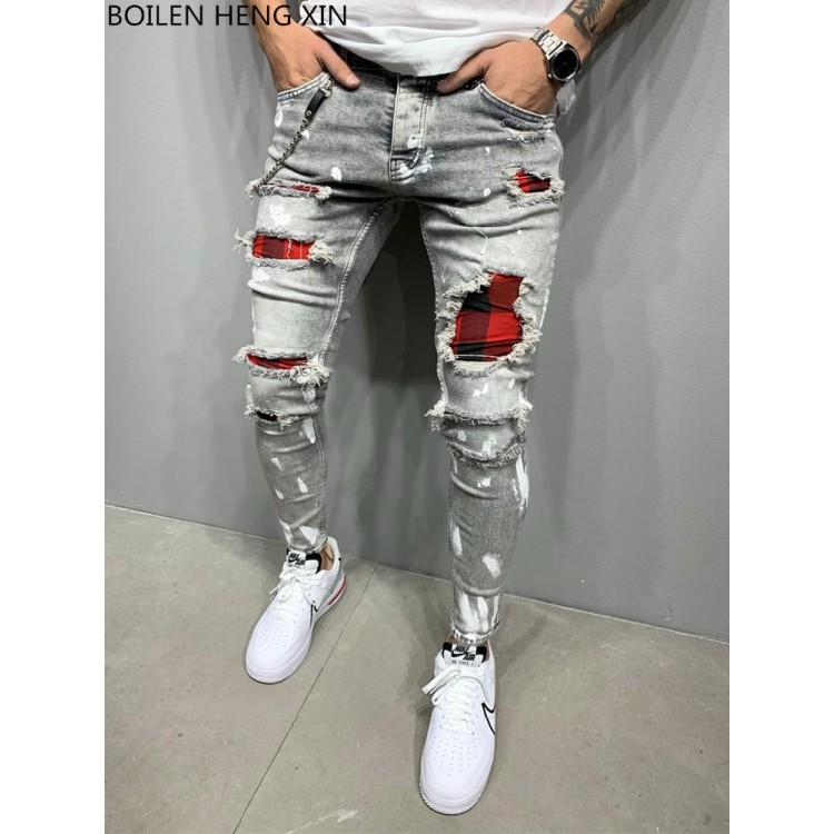 2022 Men Skinny Jeans Biker Destroyed Frayed Fit Denim Ripped Side Stripe Pencil Pants  Streetwear Jeans S-3XL