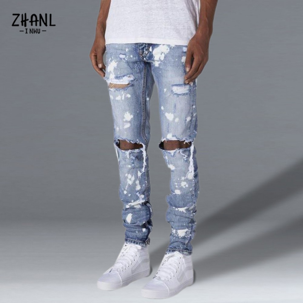 Slim Fit Ripped Men&#39;s Jeans Fashion Paint Painting  Male Denim Trousers High Quality Street Style Vintage Youth Cool Pant