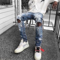 Slim Fit Ripped Men&#39;s Jeans Fashion Paint Painting  Male Denim Trousers High Quality Street Style Vintage Youth Cool Pant