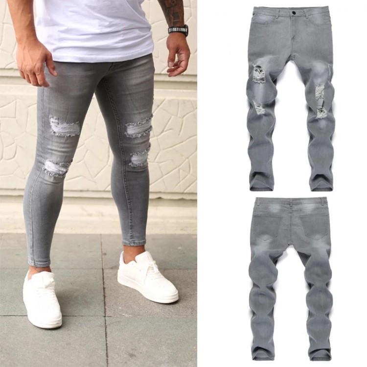 Men&#39;s Quilted Embroidered jeans Skinny Jeans Ripped Stretch Denim Pants MAN Elastic Waist Patchwork Jogging Denim Trousers