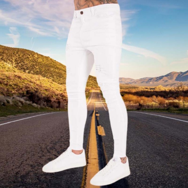 Fashion Casual White Ripped Jeans For Men Jeans Pants Slim Skinny Stretch Denim Pants Man Elastic Waist Jogging Denim Trousers