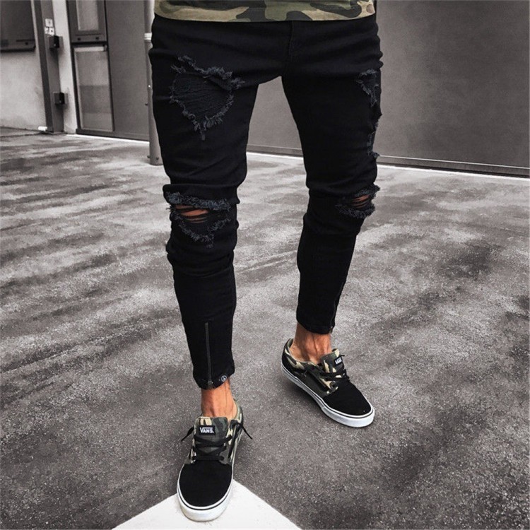 Plus Size S/3XL  Cool Designer Brand Black Jeans Skinny Ripped Destroyed Stretch Slim Fit  Pants With Holes For Men
