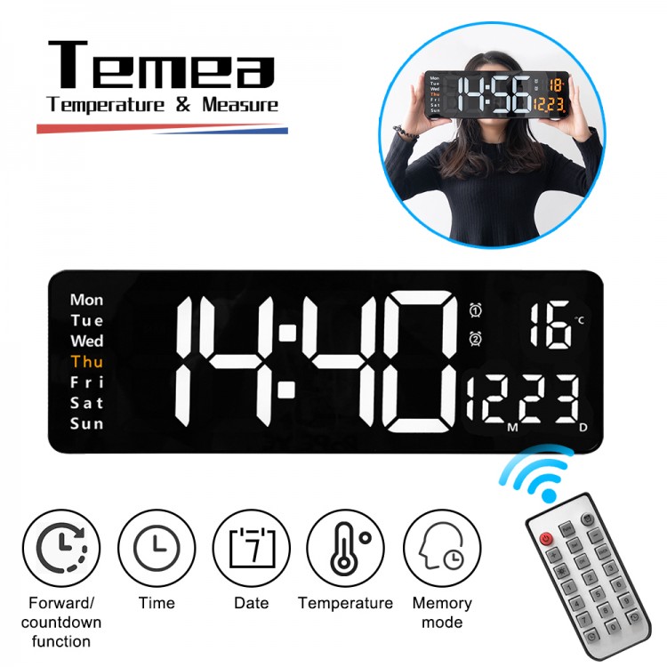 Tamea Large LED Digital Wall Clock Remote Control Temp Date Week Display Memory Table Wall-mounted Dual Electronic Alarms Clocks
