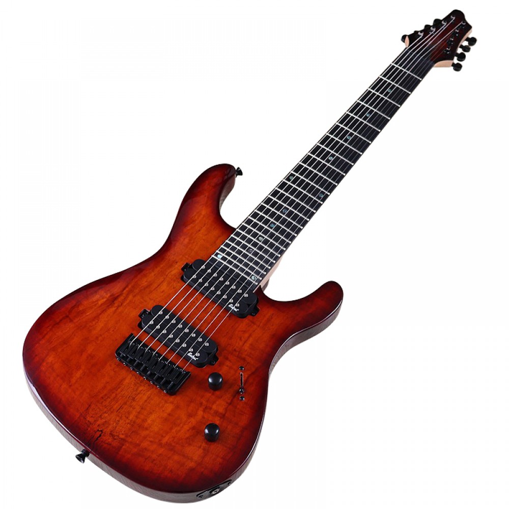 8 Strings Tree Burl Top Electric Guitar 39 Inch Red Solid Okoume Wood Body Matte Finish 24 Frets 5 Pcs Maple Wood Combine Neck