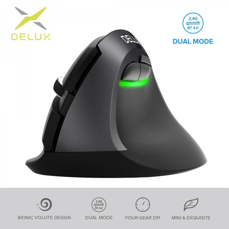 Delux M618Mini DB  Ergonomic Wireless 2.4GHz + Bluetooth Mouse  2400 DPI Vertical Mice 6 Buttons For Computer and Laptop