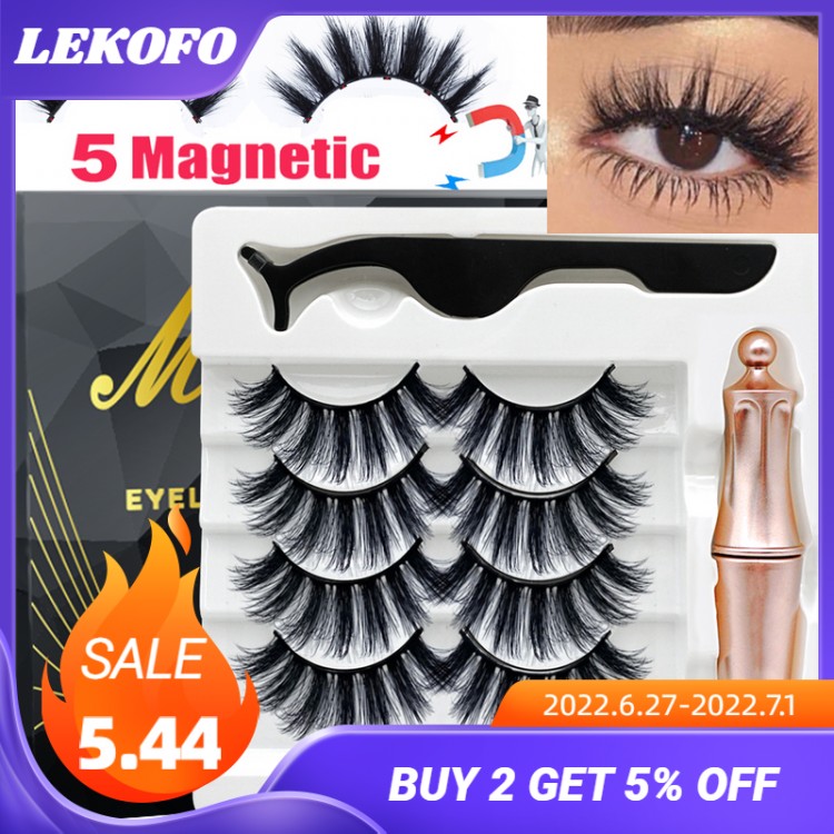 LEKOFO 8PCS 2022 New 5 Magnet Magnetic Eyeliner 3D Kit Mink Eyelashes Natural with False Lashes with Tweezers