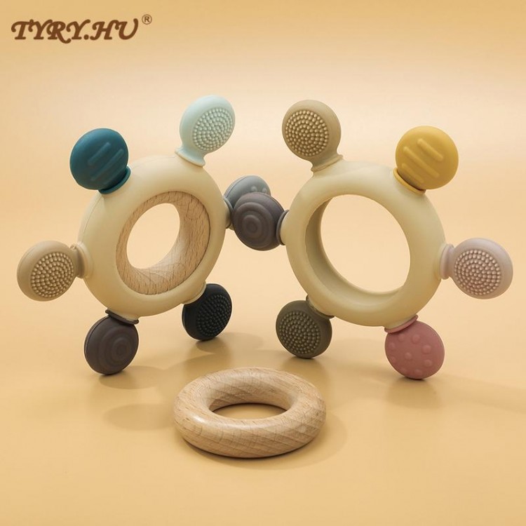 1PC Silicone Teether Baby Rudder Shape Wooden Teether Ring Kid Gift Food Grade Silicone Children&#39;s Goods Kid Teething Toys