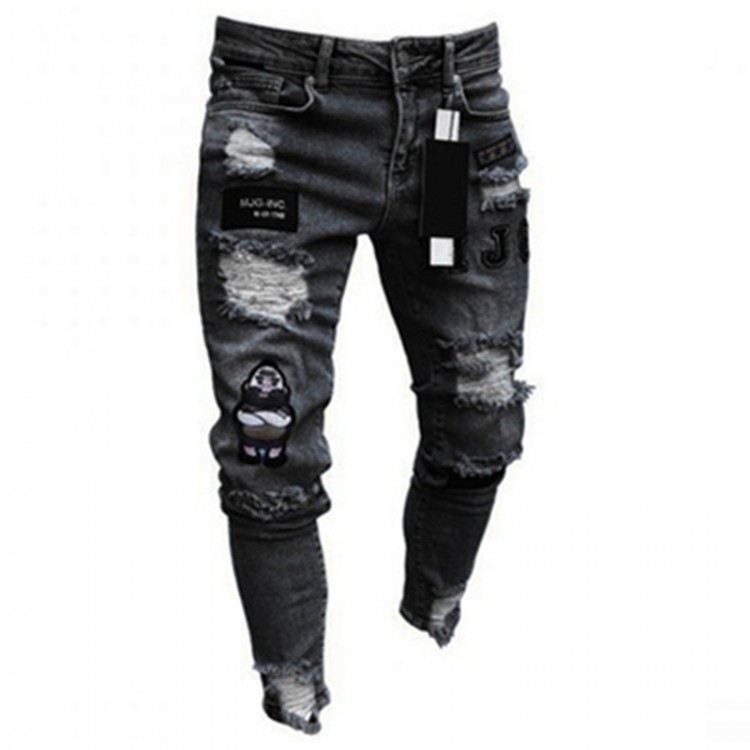 Men Stretchy Ripped Skinny Biker Embroidery Cartoon Print Jeans Destroyed Hole Slim Fit Denim High Quality  Black Jeans