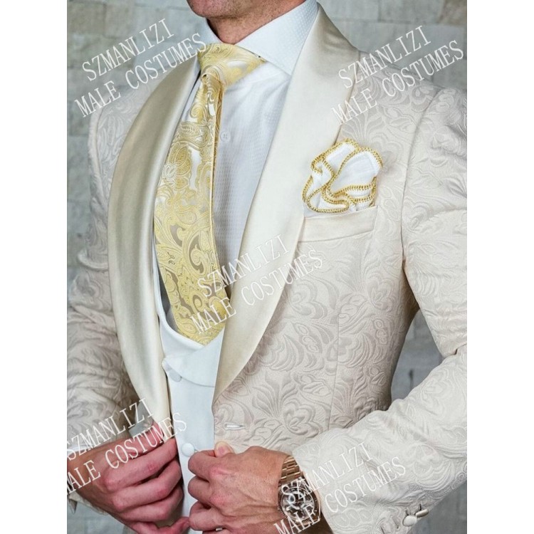 SZMANLIZI Men Wedding Suit 2020 Slim Fit Champagne Jacquard Suits For Men Groom Tuxedo Jacket Pants Set Custom Made Men Blazer