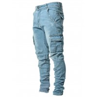 2022 Newest Europe Jeans Men Pencil  Pants Casual Cotton Denim Ripped Distressed Hole New Fashion Pants Side Pockets Cargo