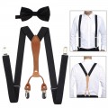 Black Suspenders Bow Tie Set for Men Boy Wedding Party Event X-Back 4 Clips Adjustable Elastic Trouser Brace Strap Belt Dad Gift