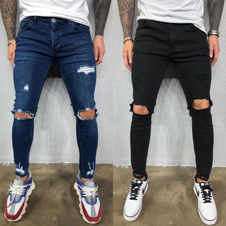 Knee hole Ripped Jeans Men Skinny blue &amp; black High Street Style Elasticity Slim Frayed Casual Men Pants Trousers Biker Jeans