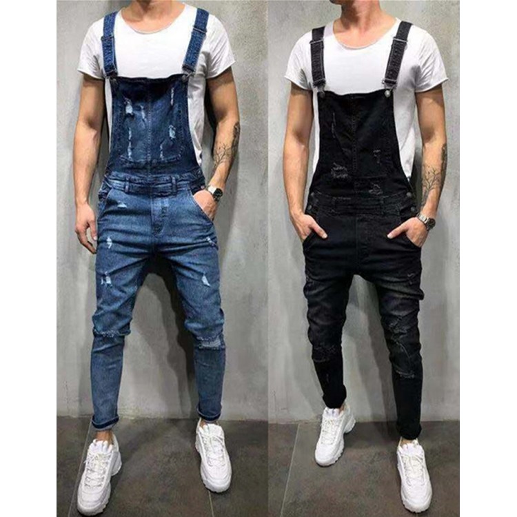 2022 Spring and Autumn New Men&#39;s Jeans Fashion Casual Sling Jumpsuit Hawaiian High Street Slim Frayed Pencil Pants Denim Pants
