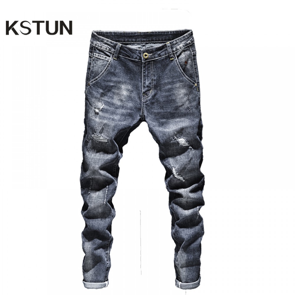 Biker Jeans Men Dark Blue Stretch Slim Fit Ripped Distressed Streetwear Denim Pants Casual Retro Man Trousers Hiphop Jean Homme