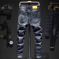 Biker Jeans Men Dark Blue Stretch Slim Fit Ripped Distressed Streetwear Denim Pants Casual Retro Man Trousers Hiphop Jean Homme