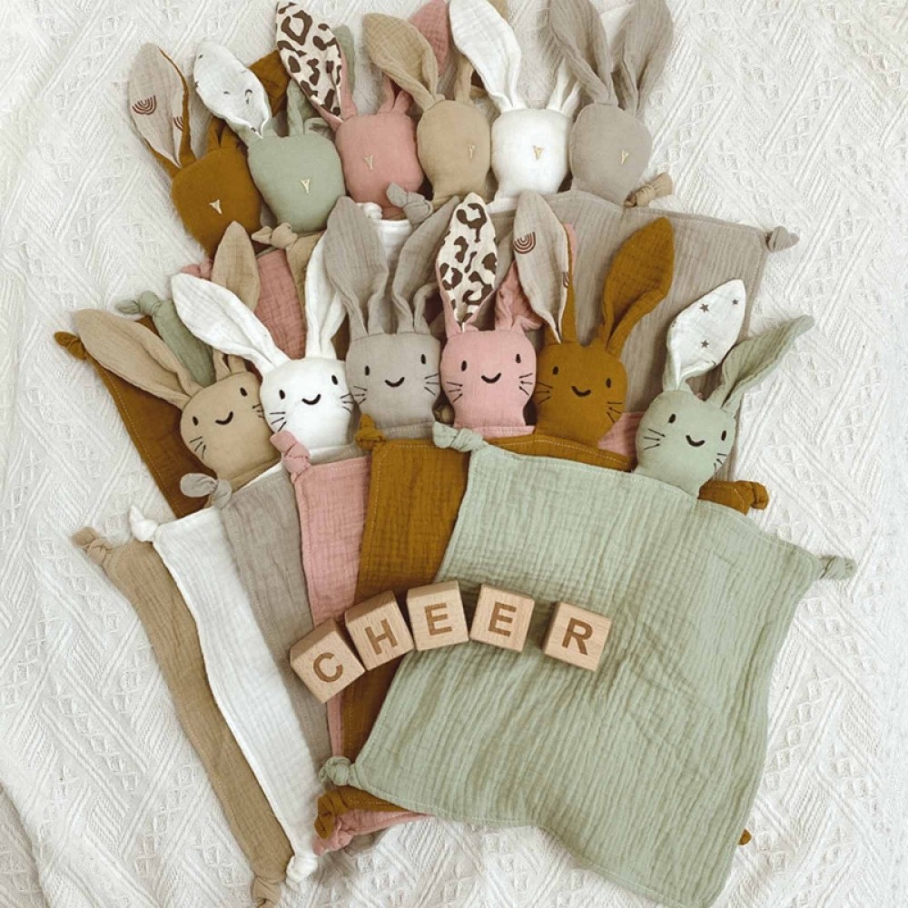 Soft Cotton Muslin Baby Bib Stuffed Rabbit Doll Newborn Appease Towel Security Blanket Baby Sleeping Cuddling Towel Facecloth