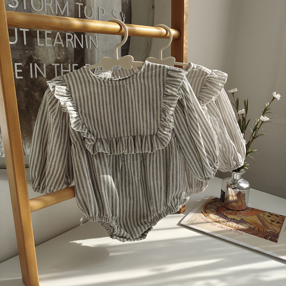 Autumn Kids Sister Outfit Clothes Cotton Infant Shirt Children Baby Girl Lotus Leaf Collar Striped Long Sleeve Romper Blouse Top