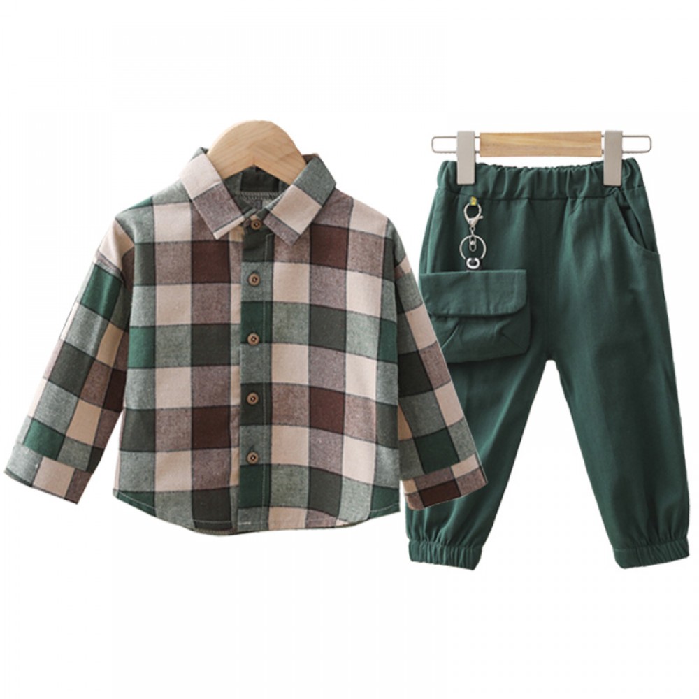 2PCS Children Clothing Sets Cotton Toddler Plaid Lapel Shirt+Pants for Boys Clothes Autumn winter Outfit  Baby Kids Clothes Sets