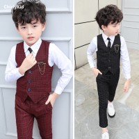 Boy Plaid Vest Blazer Kids Waistcoat Wedding Clothes Set Toddler Formal Dress Suit Child Brooch Shirt Pant Baby Gentlemen Outfit