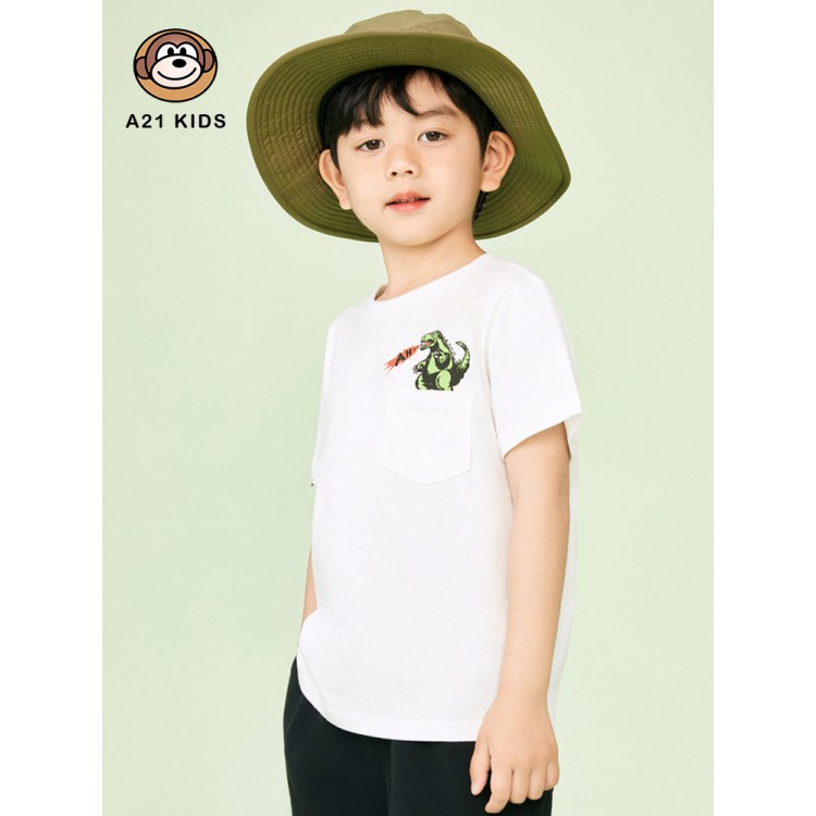 A21 Boy Casual Short-sleeved T-shirt 2022 Summer New Elastic Cotton Round Neck Cute Fun Little Dinosaur Cartoon Print Casual Top