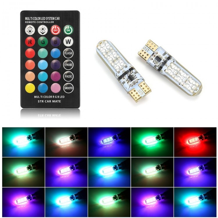 2PCS RGB T10 194 168 W5W Led Remote Controller Car Dome Reading Light Automobiles Wedge Lamp LED Bulb Flash Ambient Light
