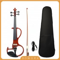 Full Size 4/4 Silent Electric Violin Solidwood Body 4/4 Violin Brazilwood Bow String Connecting Cable Bridge Carry Case Dark Red