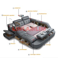 Genuine Leather Bed Multifunctional Beds Ultimate Camas Massage Bed Upholstered Lit with Bluetooth,Speaker,Massager,Projector,Mi