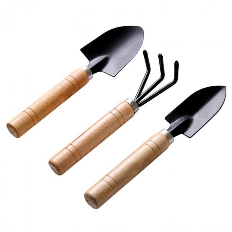 3pcs Mini Garden Shovel Rake Spade Bonsai Tools Set Wooden Handle For Flowers Potted Plant Portable Gardening Metal Head Shovel