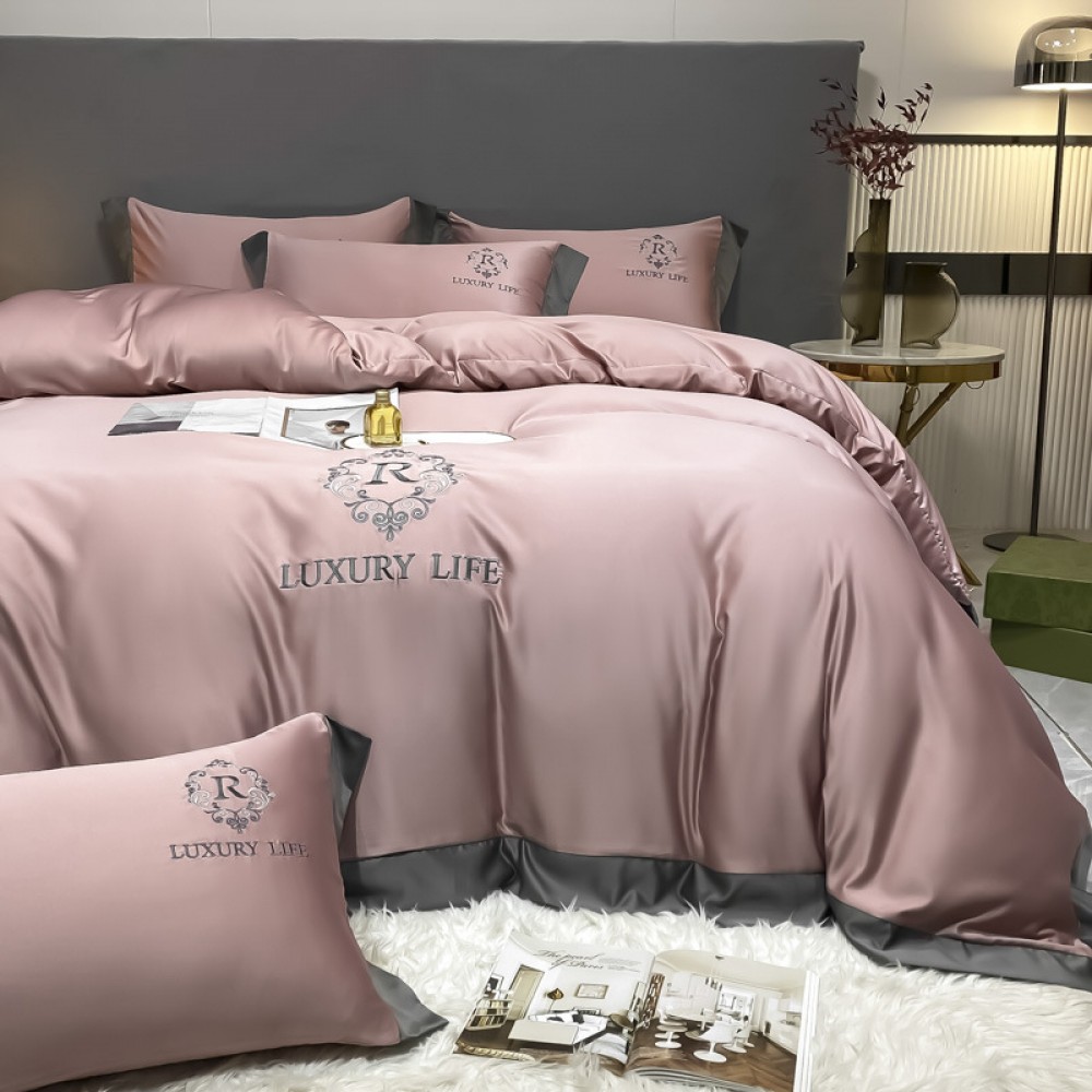 Summer European Style Ice Silk Four-Piece Set Bed Sheet Quilt Cover Embroidery Double-Sided Washed Fitted Sheet Bedding
