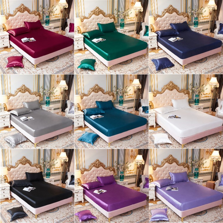 High-End Satin Silk Fitted Bedsheet Pillowcase Solid Color Elastic Band Mattress Cover home Bedding Bed Sheet Matress Cover
