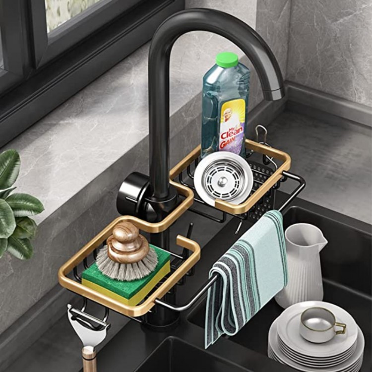Adjustable Kitchen Faucet Sponge Holder Space Aluminum Sink Drain Rack Soap Drainer Shelf Basket Organizer Bathroom Accessories