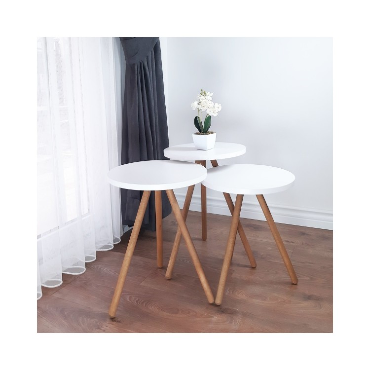 İntergo 3&#39;lü Zigon Coffee Table Wood Pedestal Round Design Cream