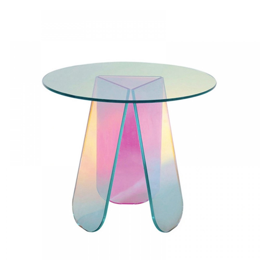 Iridescent Transparent Acrylic Side Table Display Designer Round Colorful Rainbow Clear Iridescent Art Piece Coffee Table