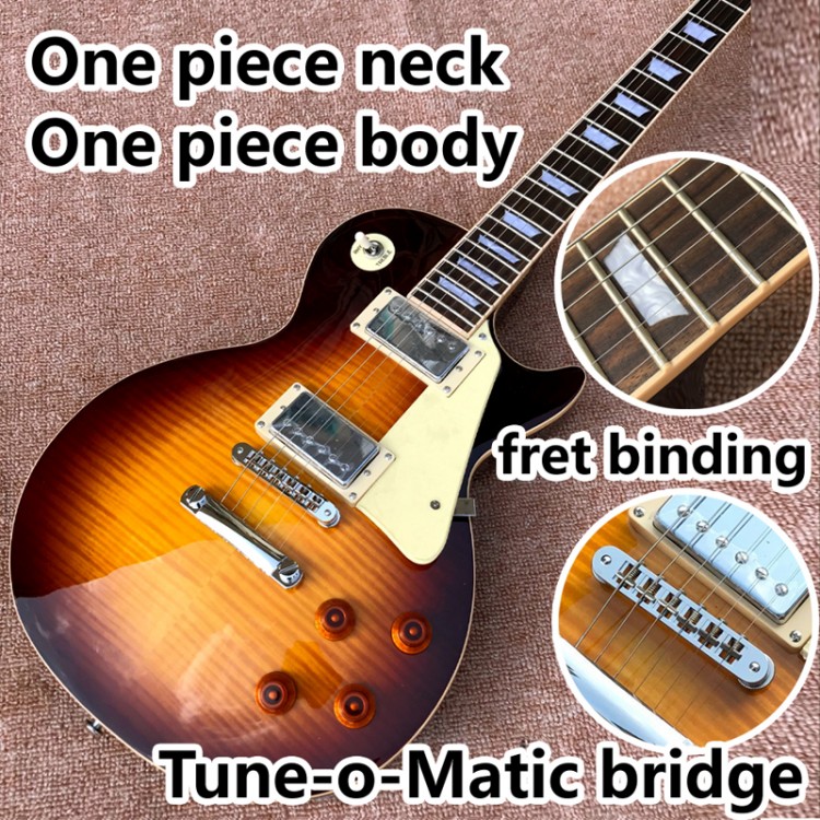 Free Delivery  one piece Neck one piece body electric guitar in sunburst ,Upgrade Tune-o-Matic bridge guitar Tiger Flame guitar